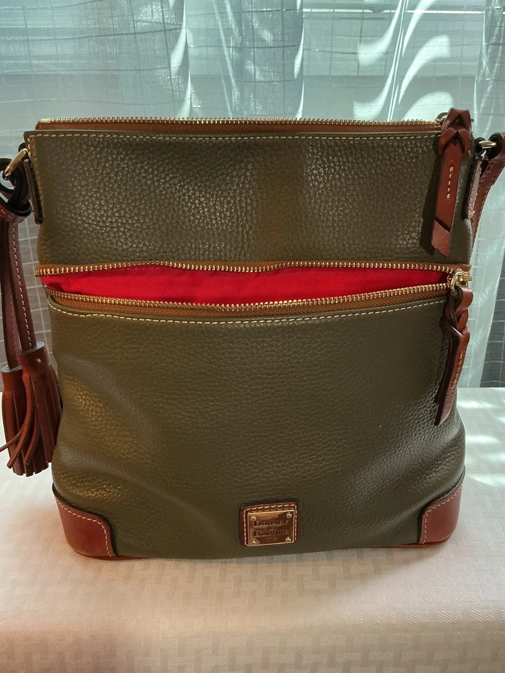 Dooney & Burke Olive Green Pebbled Leather Tassel Crossbody/Shoulder Bag